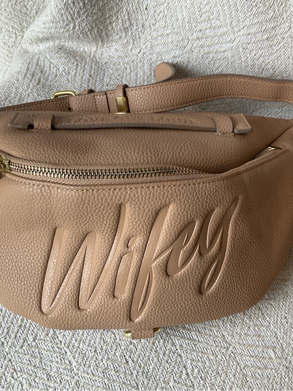 Wifey Embossed Crossbody Belt Bag — Taupe Leather